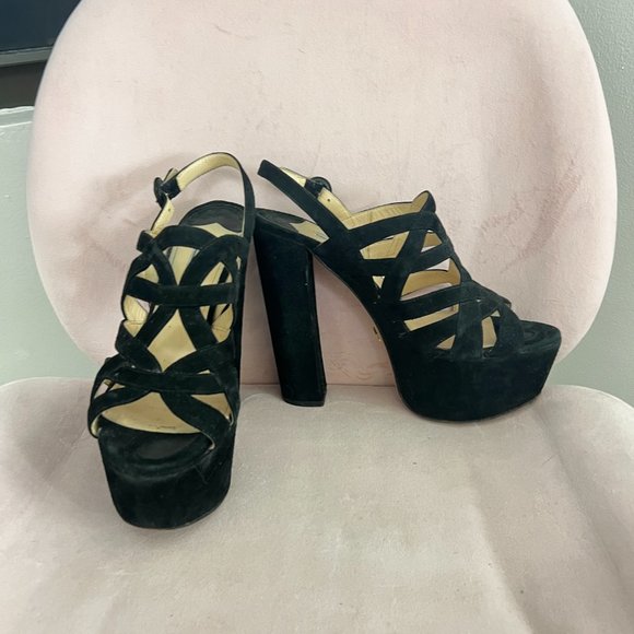 Prada Black Suede Platform Heeled Sandals, Size 39.5 - Picture 2 of 7